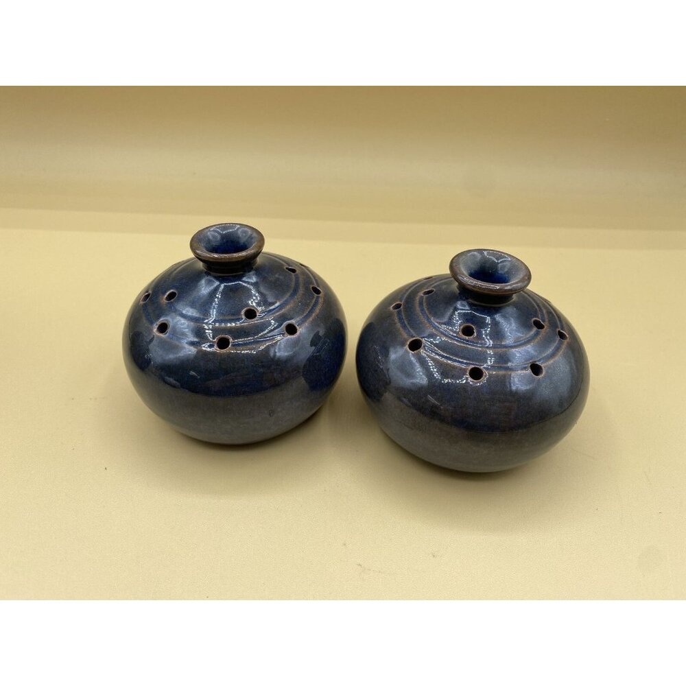 Aegitna Vallauris Blue Pottery France Oil Lamps Pair 3” Tall